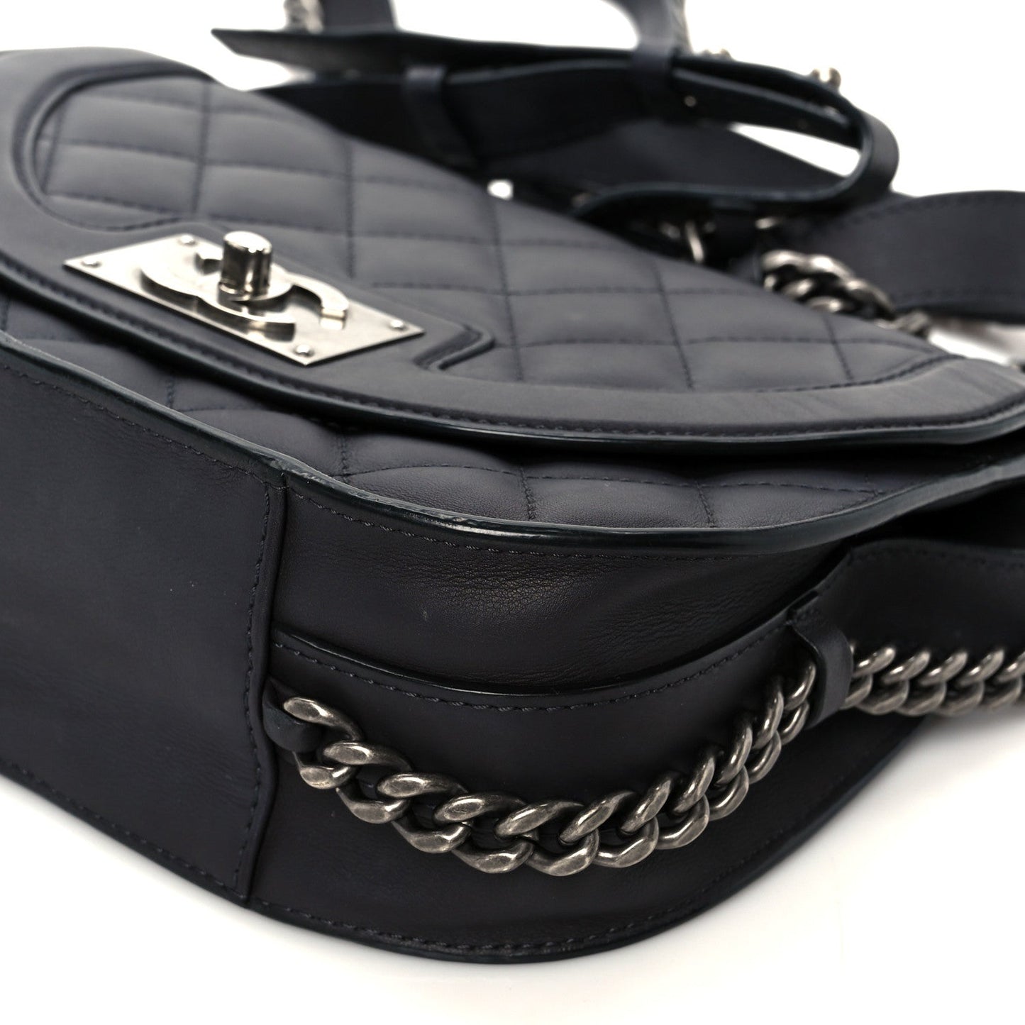 Shiny Goatskin Quilted Small Double Chained Messenger Flap Black