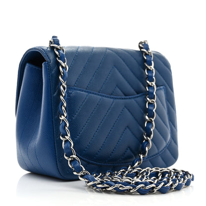 Caviar Chevron Quilted Mini Square Flap Blue