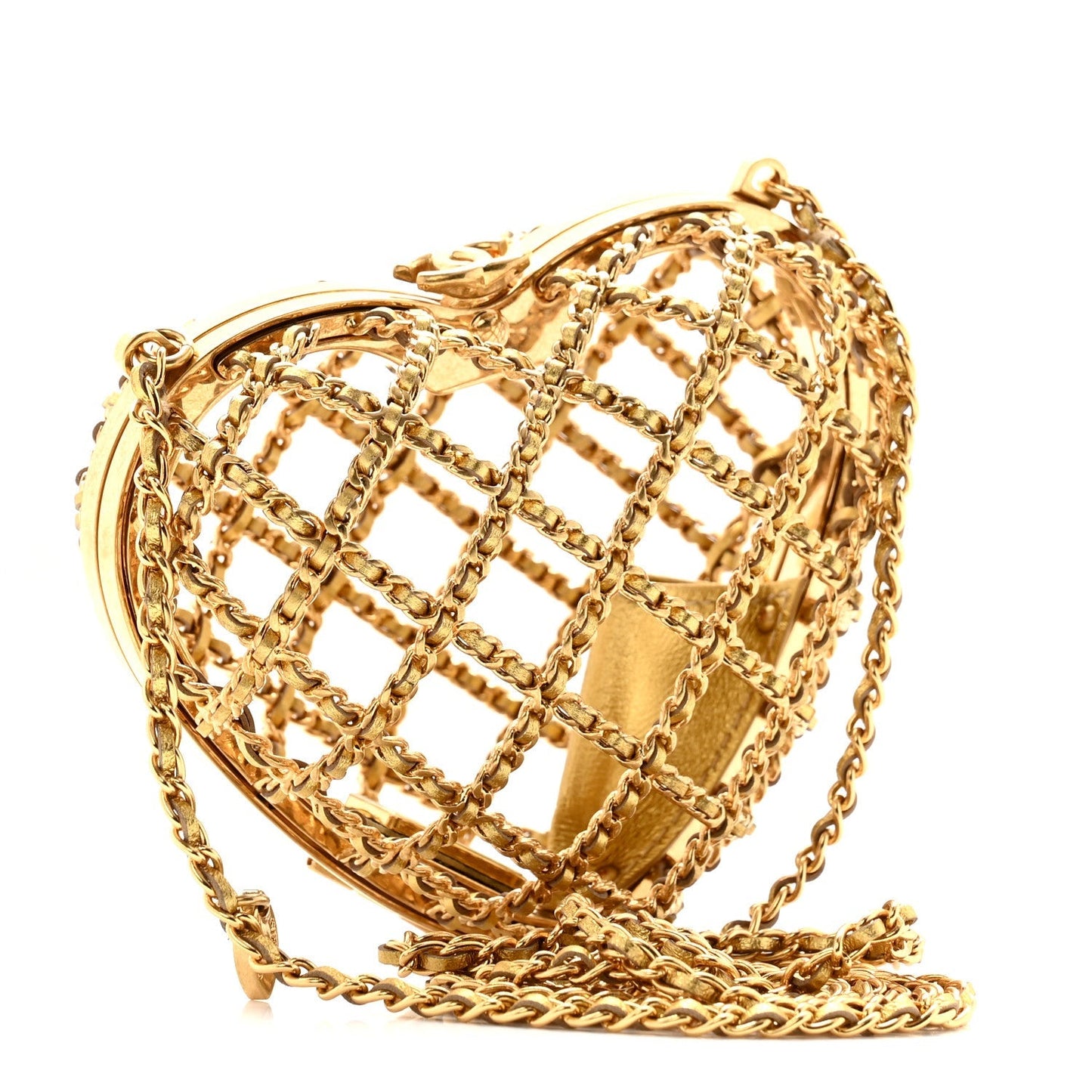 Metal Metallic Lambskin Quilted CC Heart Minaudiere Crossbody Gold