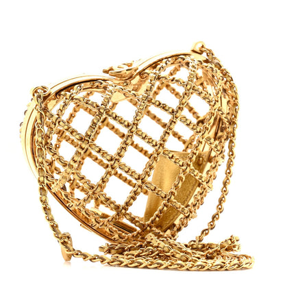 Metal Metallic Lambskin Quilted CC Heart Minaudiere Crossbody Gold