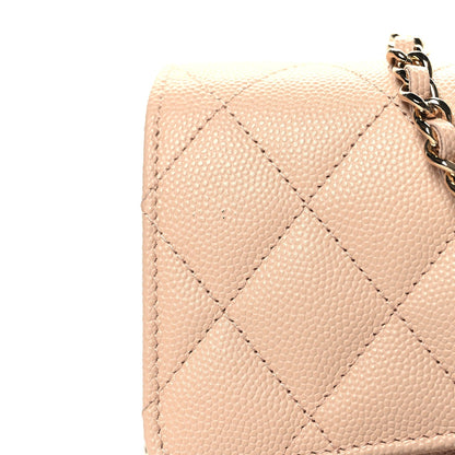 Caviar Quilted Phone Holder Wallet on Removable Chain Light Beige