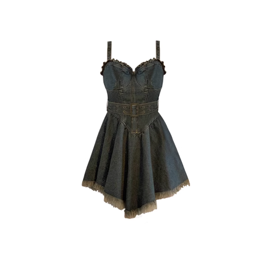 Hot girl denim suspender dress 2025 new Hong Kong style retro irregular tassel short skirt R0163