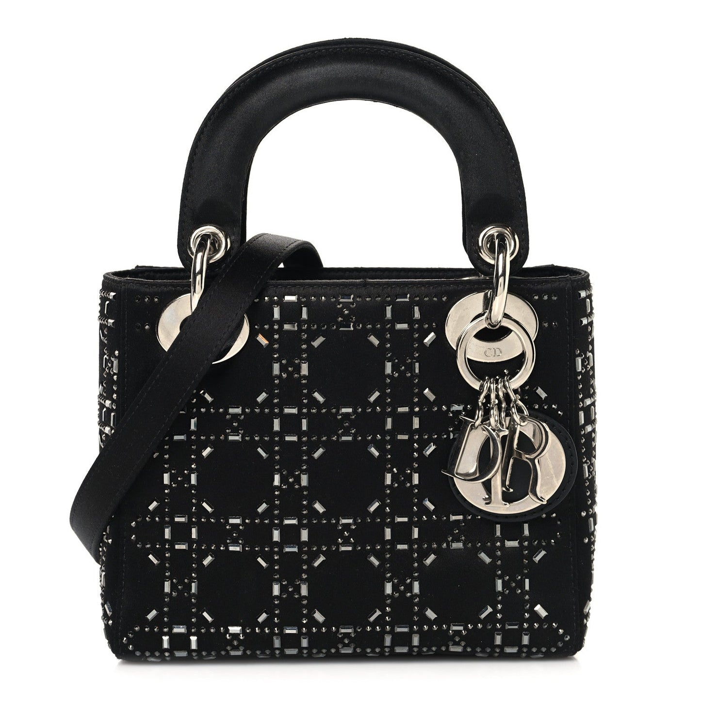 Satin Crystal Cannage Mini Lady Dior Black