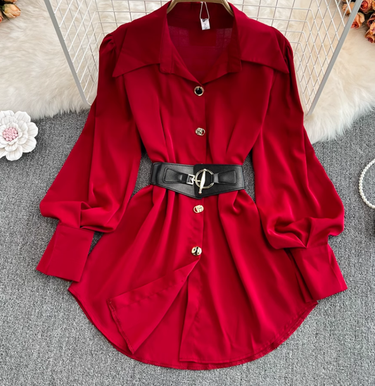 2025 Retro Temperament Waist Slimming Pleated Long Sleeve Shirt Skirt Mid-length Loose Top R0395