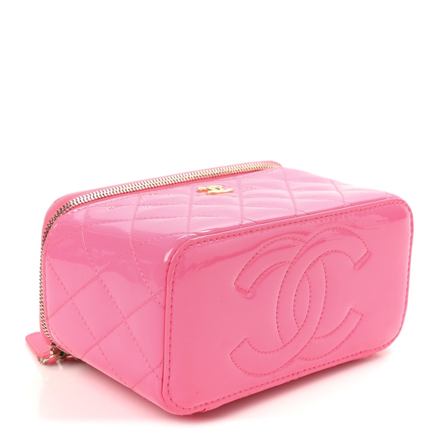 Patent Quilted Pearl Crush Small Vanity Case With Chain Neon Pink