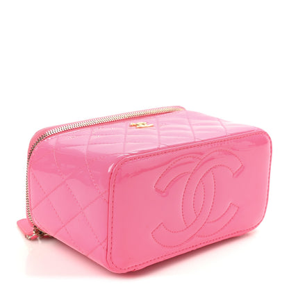 Patent Quilted Pearl Crush Small Vanity Case With Chain Neon Pink