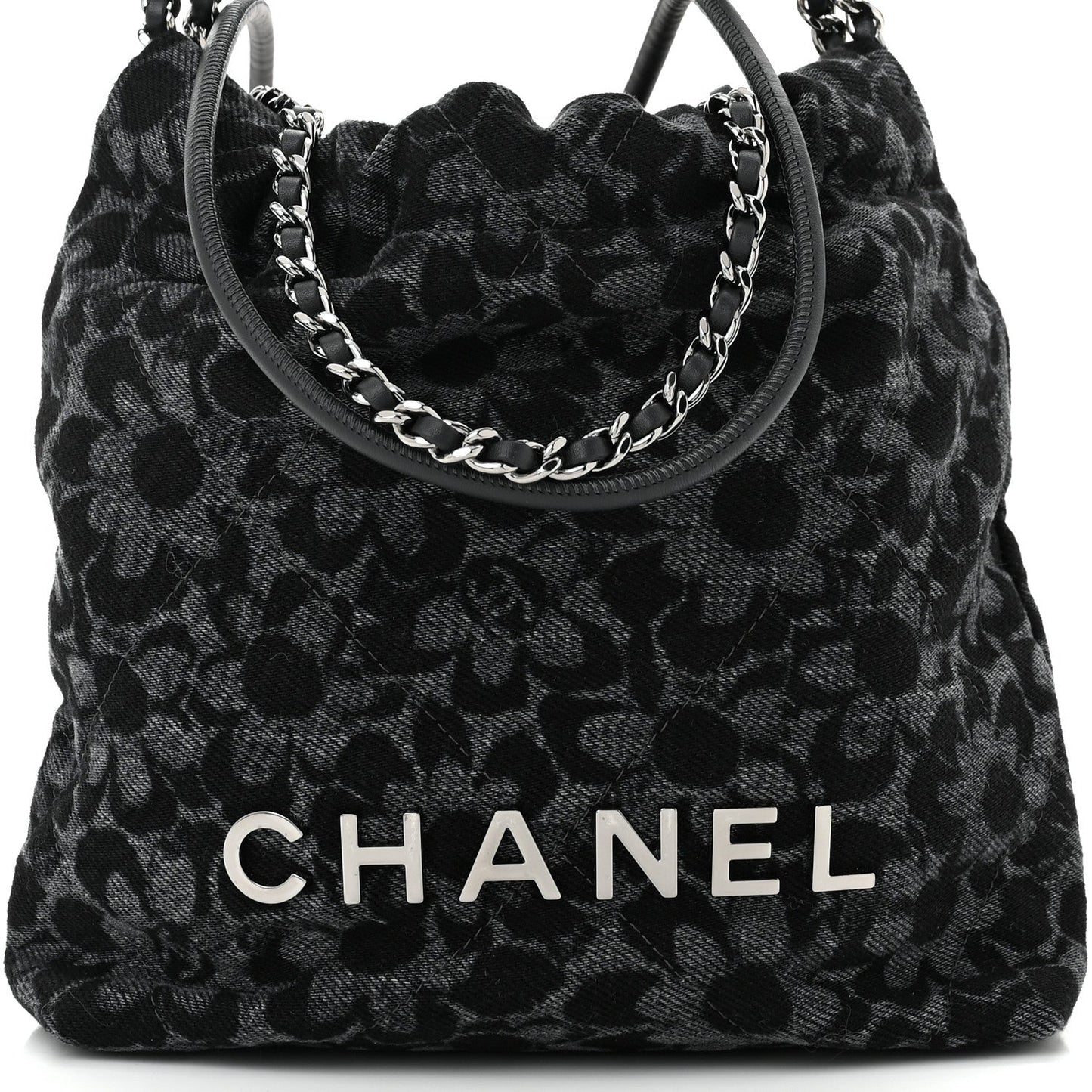 Denim Quilted Floral Print Mini Chanel 22 Black Grey