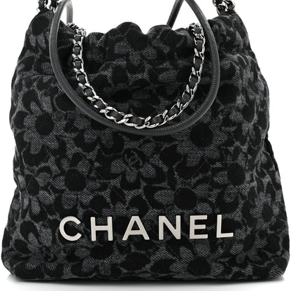 Denim Quilted Floral Print Mini Chanel 22 Black Grey