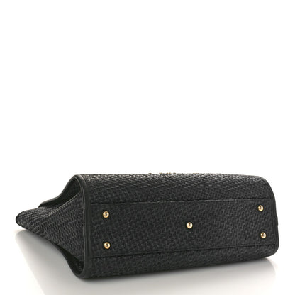 Straw Raffia Calfskin Chain Small Deauville Tote Black