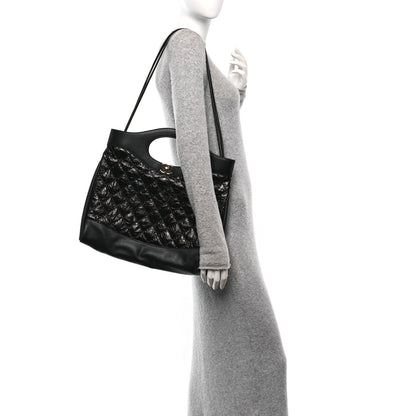 Crumpled Calfskin Quilted 31 Large Shopping Bag Black