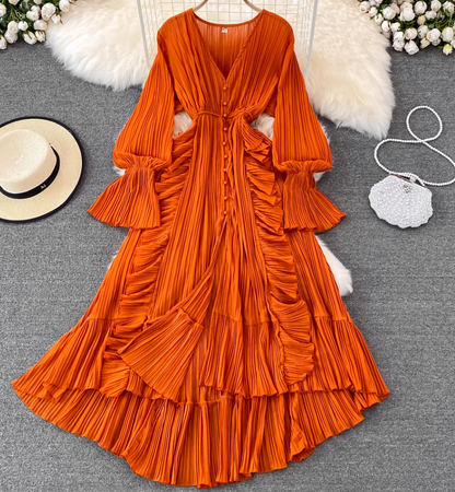Spring super fairy seaside vacation ruffled high waist slim V-neck dress desert travel red long skirt R0329