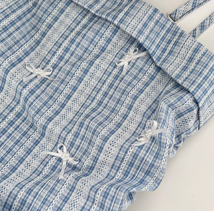 Blue plaid lace slim high-end detachable suspender tube top long dress R0298