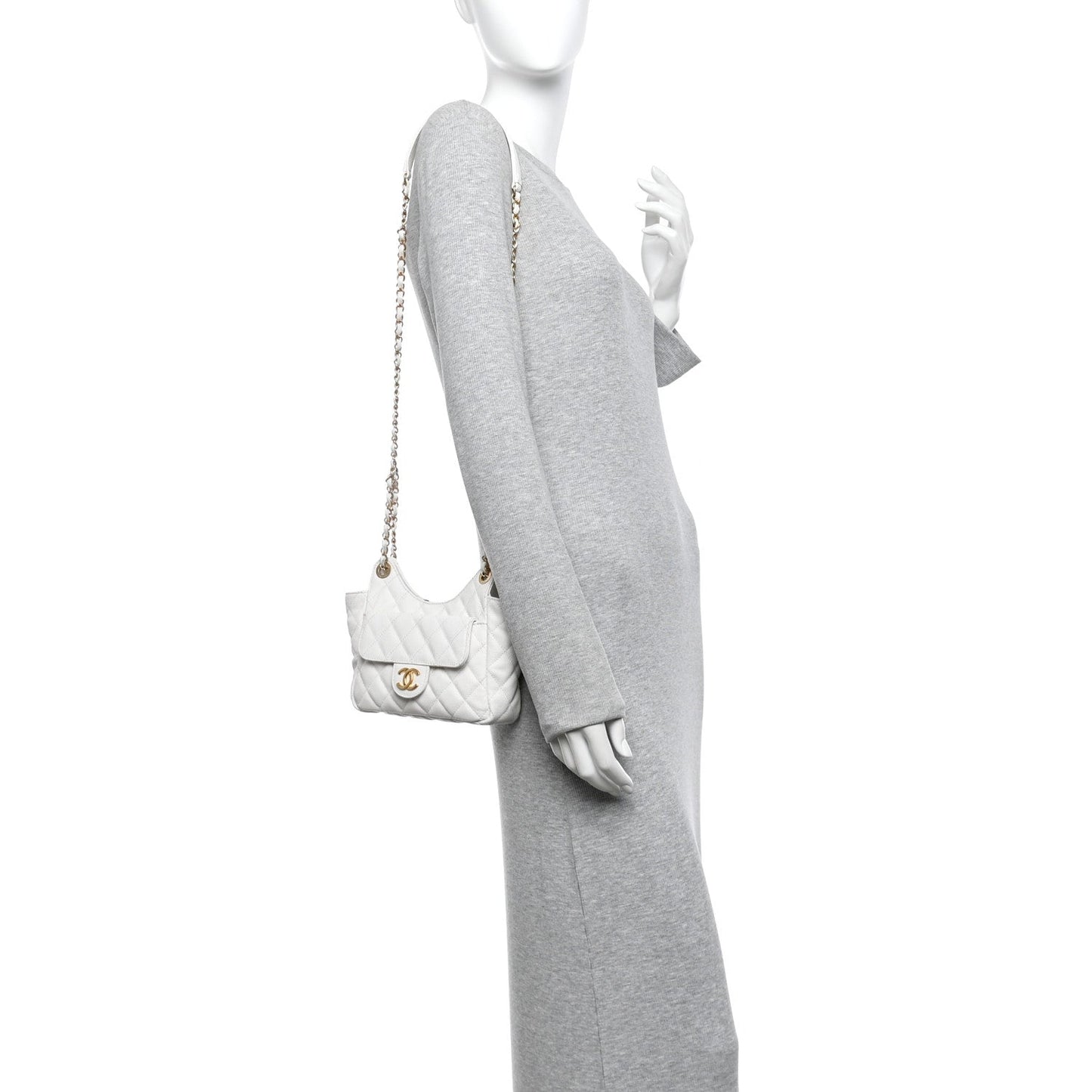 Caviar Quilted Small Wavy CC Hobo White