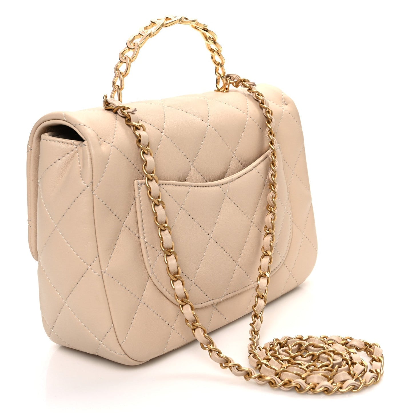 Lambskin Quilted Metal Enamel Chain Top Handle Square Flap Beige
