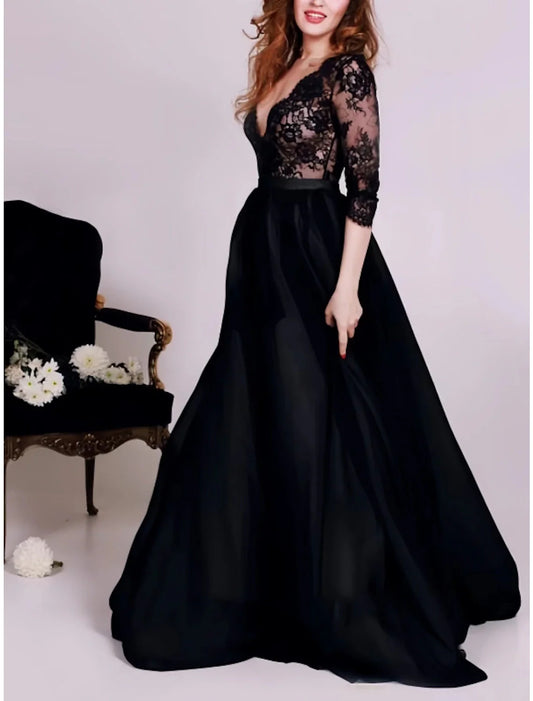A-Line Evening Gown Party Dress Birthday Fall Floor Length 3/4 Length Sleeve V Neck Satin with Pleats 2026