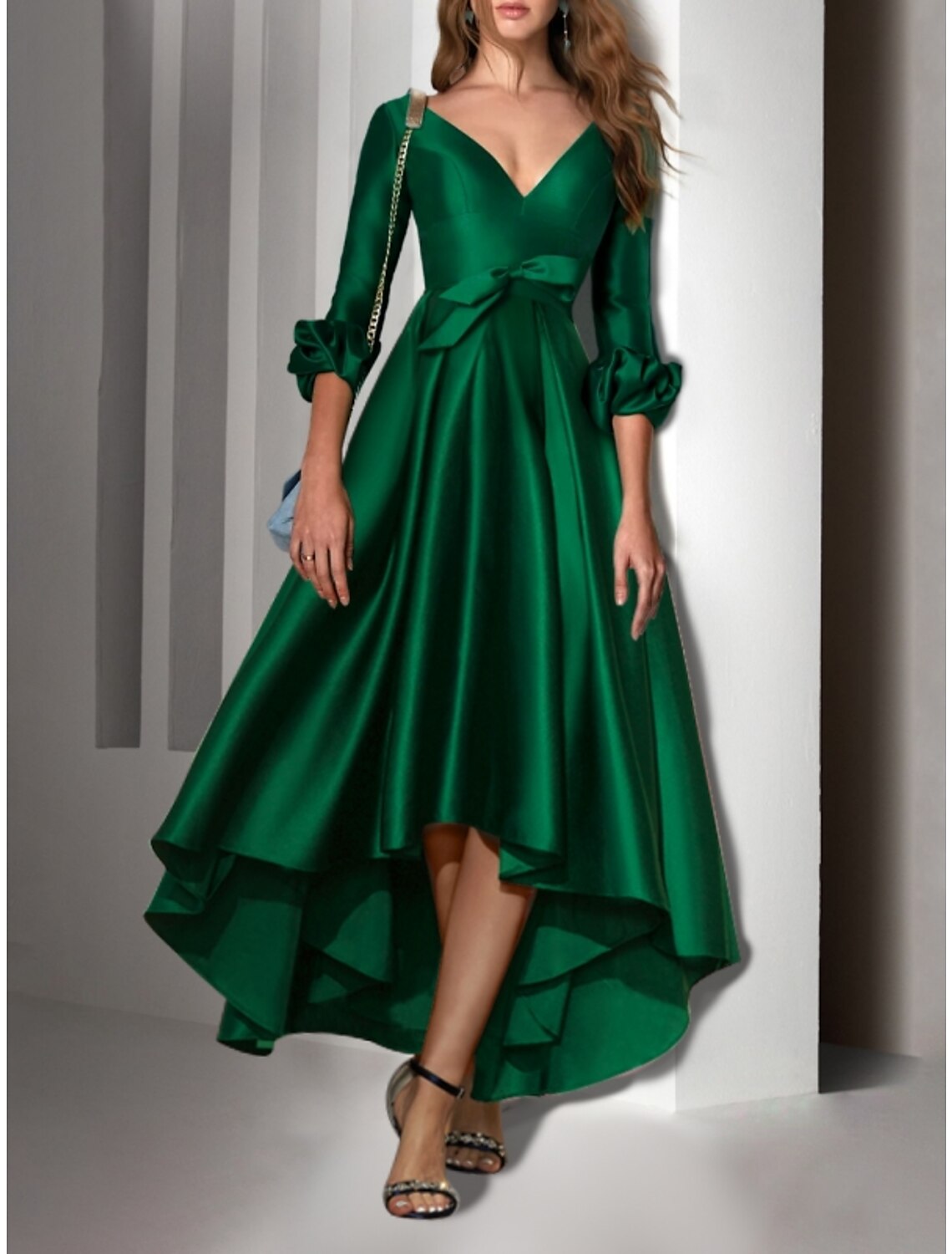 A-Line Cocktail Dresses Party Dress Wedding Guest Birthday Asymmetrical 3/4 Length Sleeve V Neck Satin with Bow(s) Pleats 2026