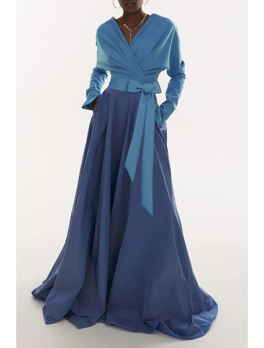 A-Line Evening Gown Elegant Dress Formal Fall Sweep / Brush Train Long Sleeve V Neck Fabric with Pleats Ruched