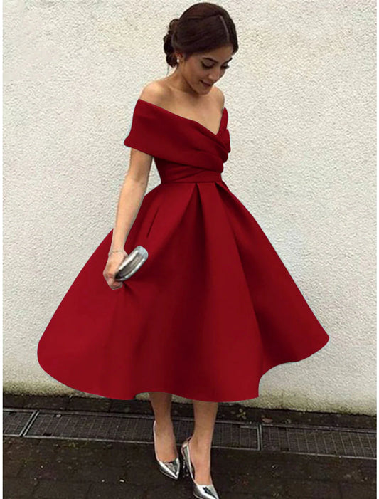 A-Line Cocktail Dresses 1950s Dress Wedding Guest Christmas Red Green Dress Tea Length Short Sleeve V Neck Fabric V Back with Pleats