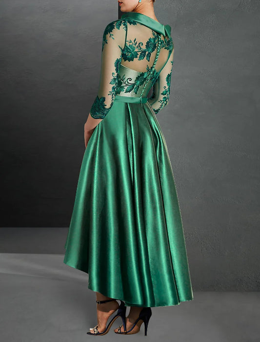 A-Line Cocktail Dress Christmas Red Green Dresses Elegant Dress Christmas Red Green Dress Formal Asymmetrical 3/4 Length Sleeve Jewel Neck Fall Wedding Guest Satin with Pleats Appliques 2026