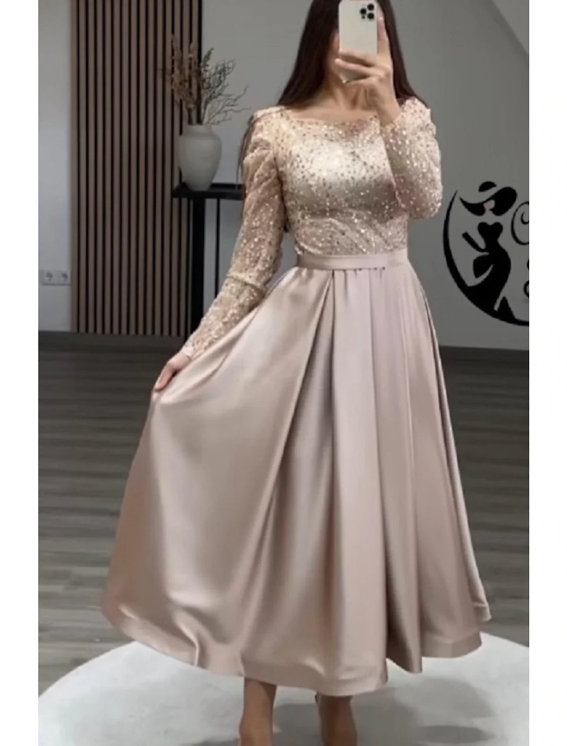 A-Line Evening Gown Sparkle Dress Formal Wedding Ankle Length Long Sleeve Jewel Neck Fall Wedding Guest Satin with Pearls Sequin