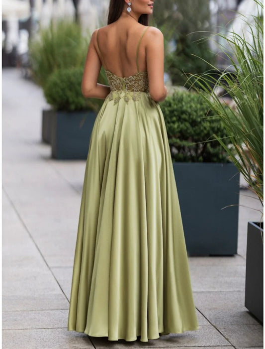 A-Line Bridesmaid Dress Spaghetti Strap Sleeveless Elegant Floor Length Satin with Lace / Ruching