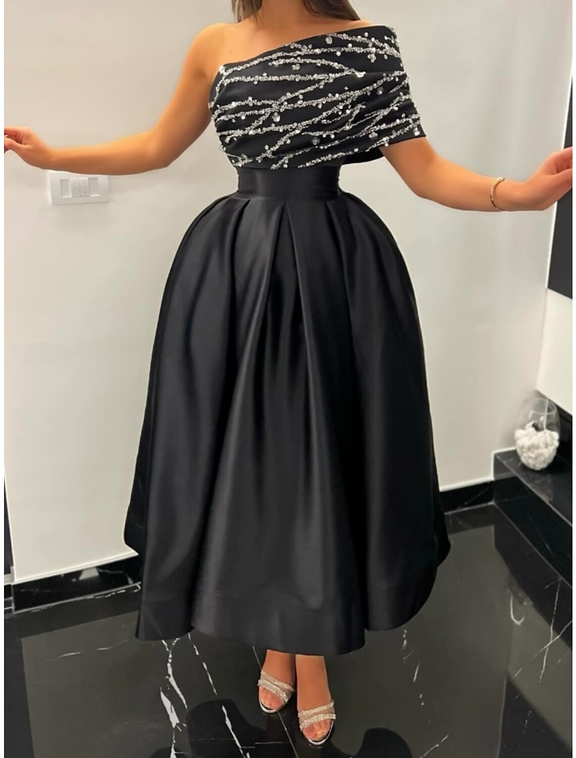A-Line Evening Gown Elegant Dress Formal Ankle Length Black Dress Short Sleeve One Shoulder Satin with Pleats Sequin 2026