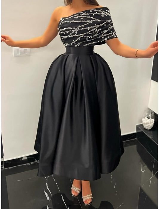 A-Line Evening Gown Elegant Dress Formal Ankle Length Black Dress Short Sleeve One Shoulder Satin with Pleats Sequin 2026