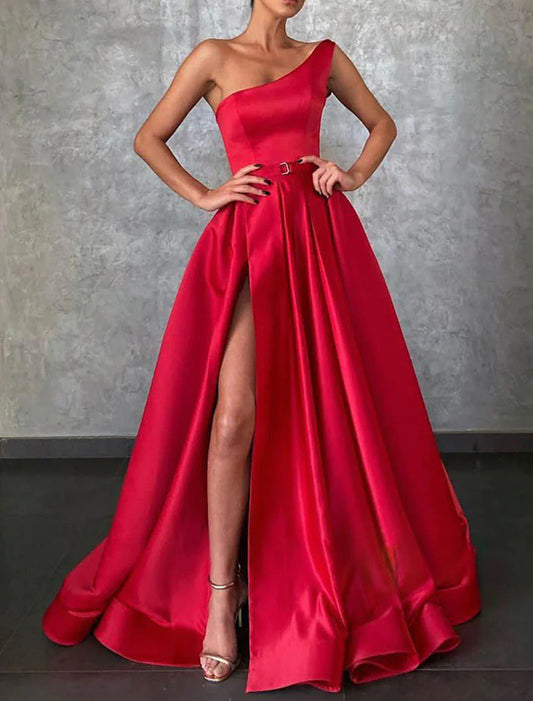 A-Line Evening Gown Celebrity Style Dress Christmas Red Green Dress Formal Wedding Sweep / Brush Train Sleeveless One Shoulder Belt / Sash Satin with Pleats Slit