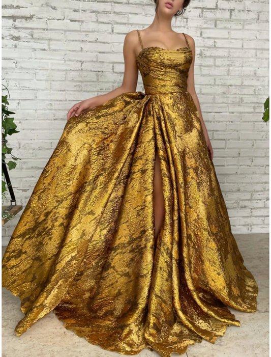 A-Line Evening Gown High Split Dress Formal Christmas Court Train Sleeveless Spaghetti Strap Sequined with Glitter Pleats Ruched 2026