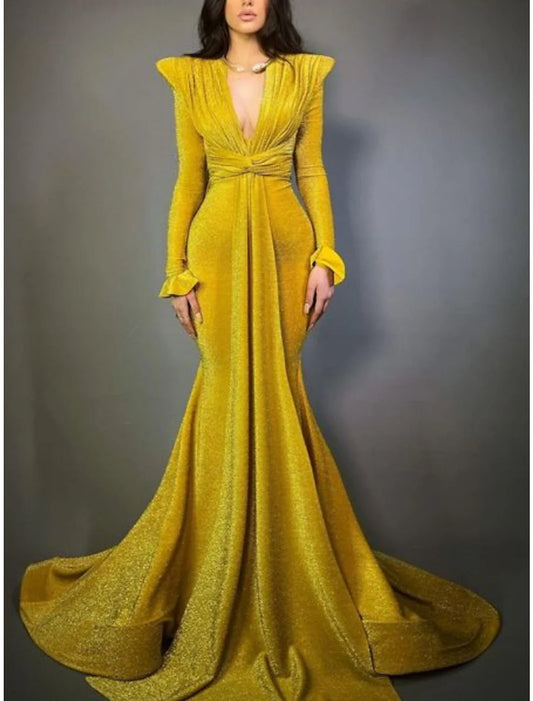 A-Line Evening Gown Elegant Dress Formal Court Train Christmas Long Sleeve V Neck Lurex Fabric with Glitter Pleats Ruched 2026