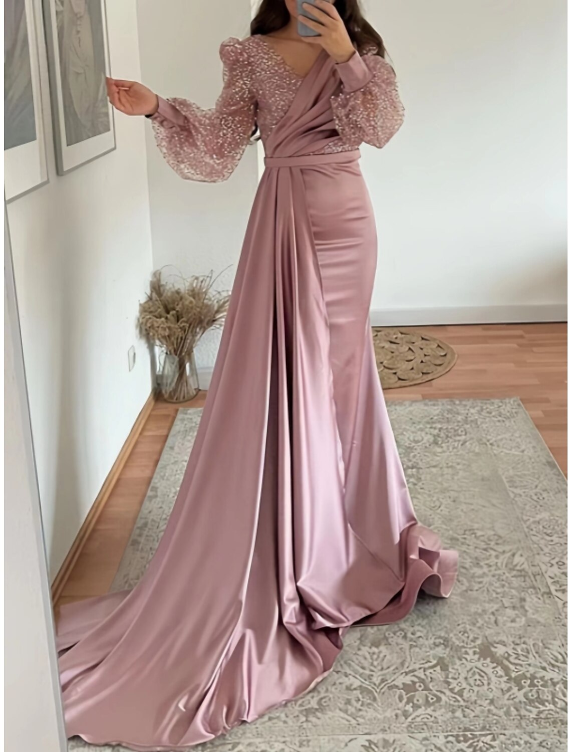 A-Line Evening Gown Sparkle & Shine Dress Formal Fall Court Train Long Sleeve V Neck Satin with Glitter Pleats