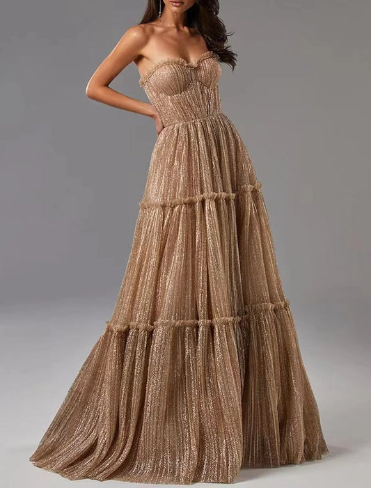 A-Line Evening Gown Glittering Dress Formal Wedding Guest Floor Length Sleeveless Strapless Tulle with Pleats 2026