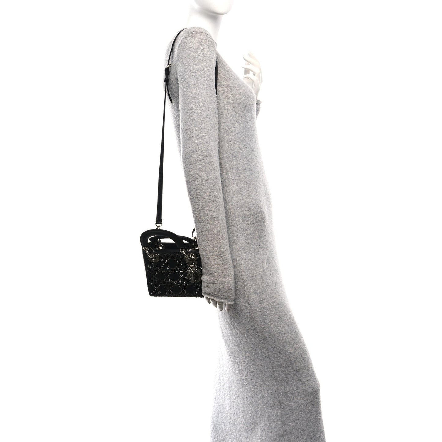 Satin Crystal Cannage Mini Lady Dior Black
