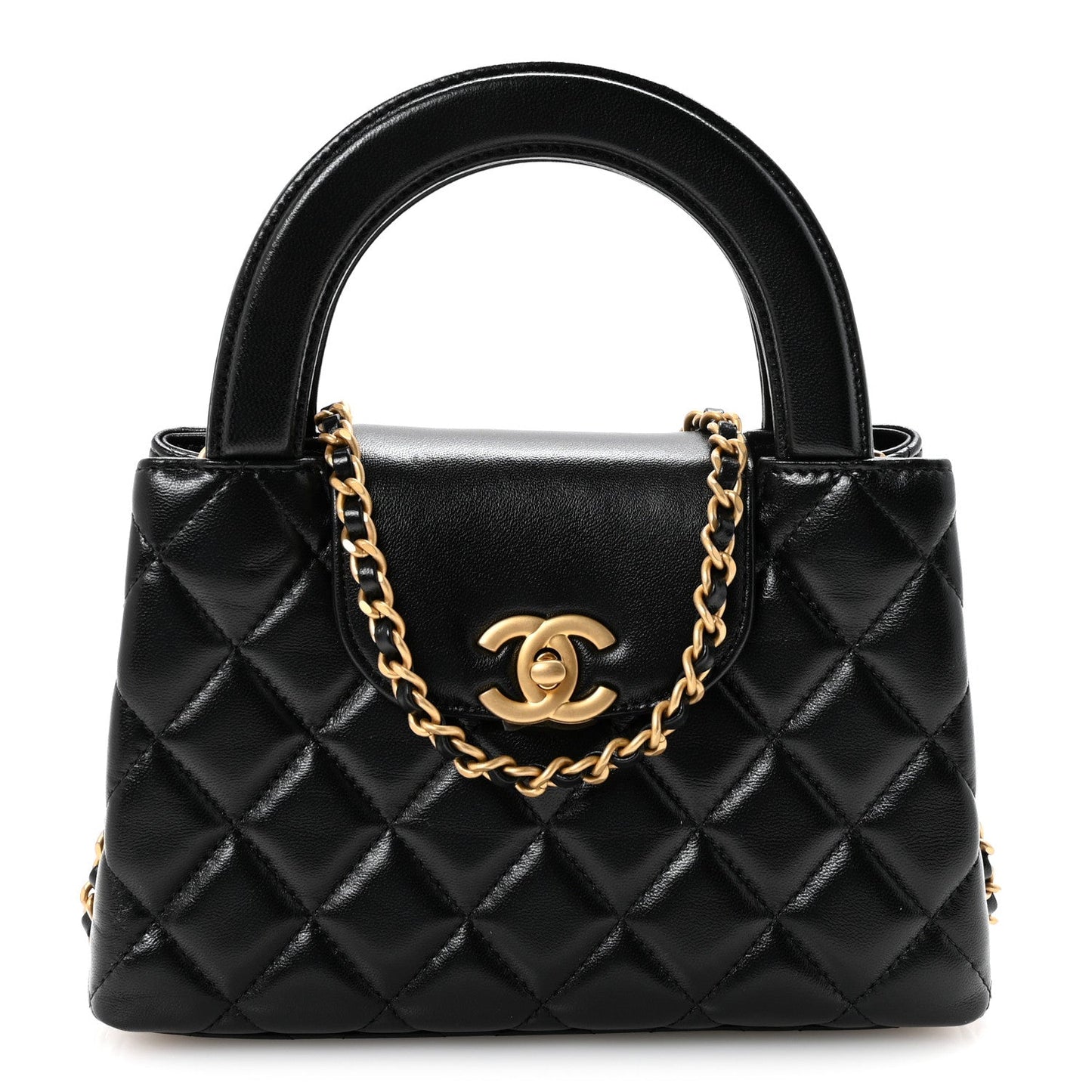 Shiny Aged Calfskin Quilted Nano Kelly Shopper Black