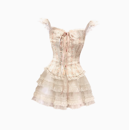 Sweet design small flying sleeve floral top 2025 pure desire style lace cake skirt suit R1386