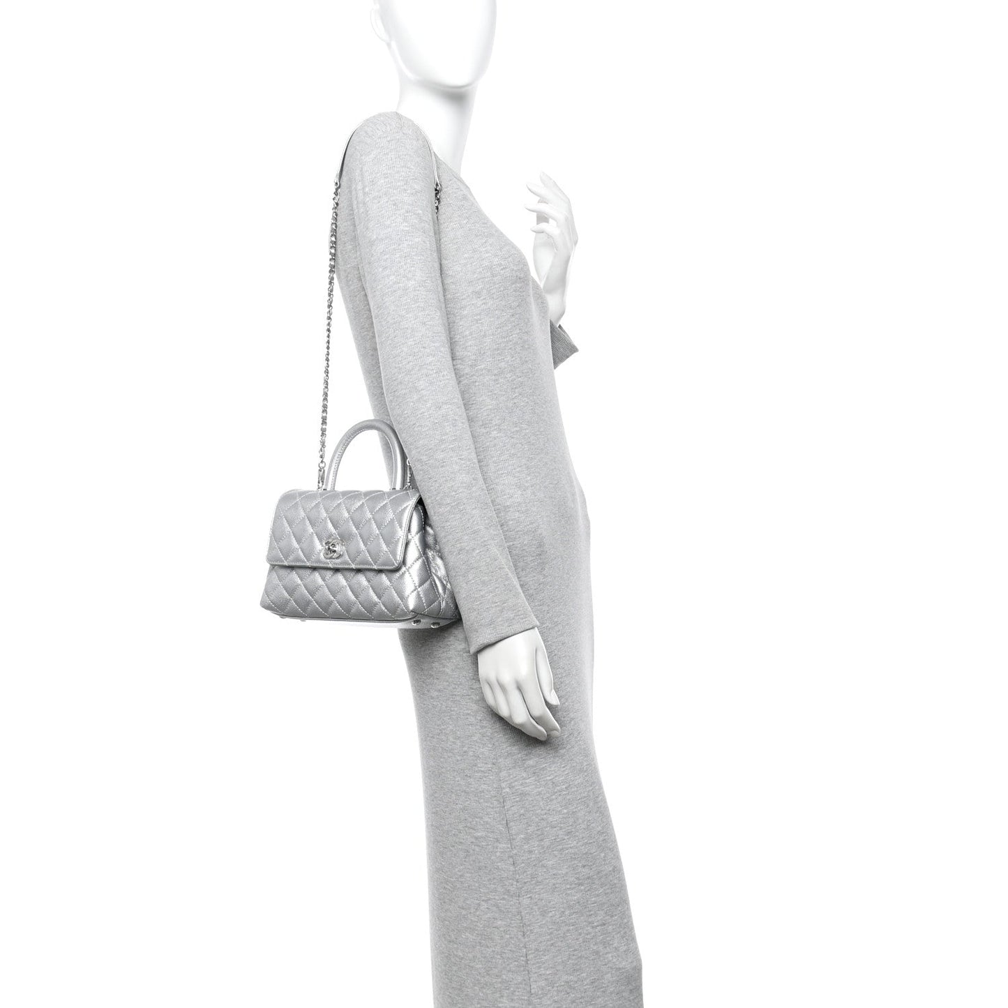 Metallic Caviar Quilted Mini Coco Handle Flap Silvery