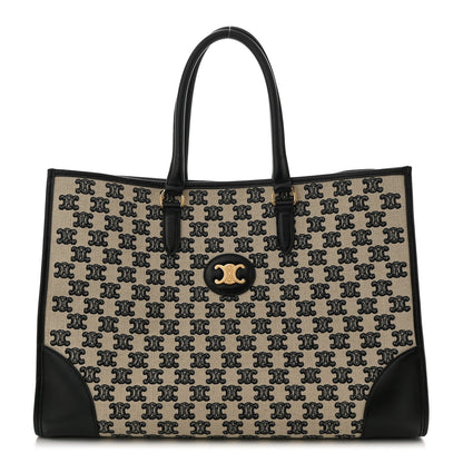 Canvas Calfskin Triomphe Embroidered Horizontal Cabas Black