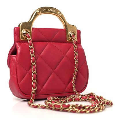 Calfskin Quilted Lady Handle Flap Card Holder With Chain Dark Pink