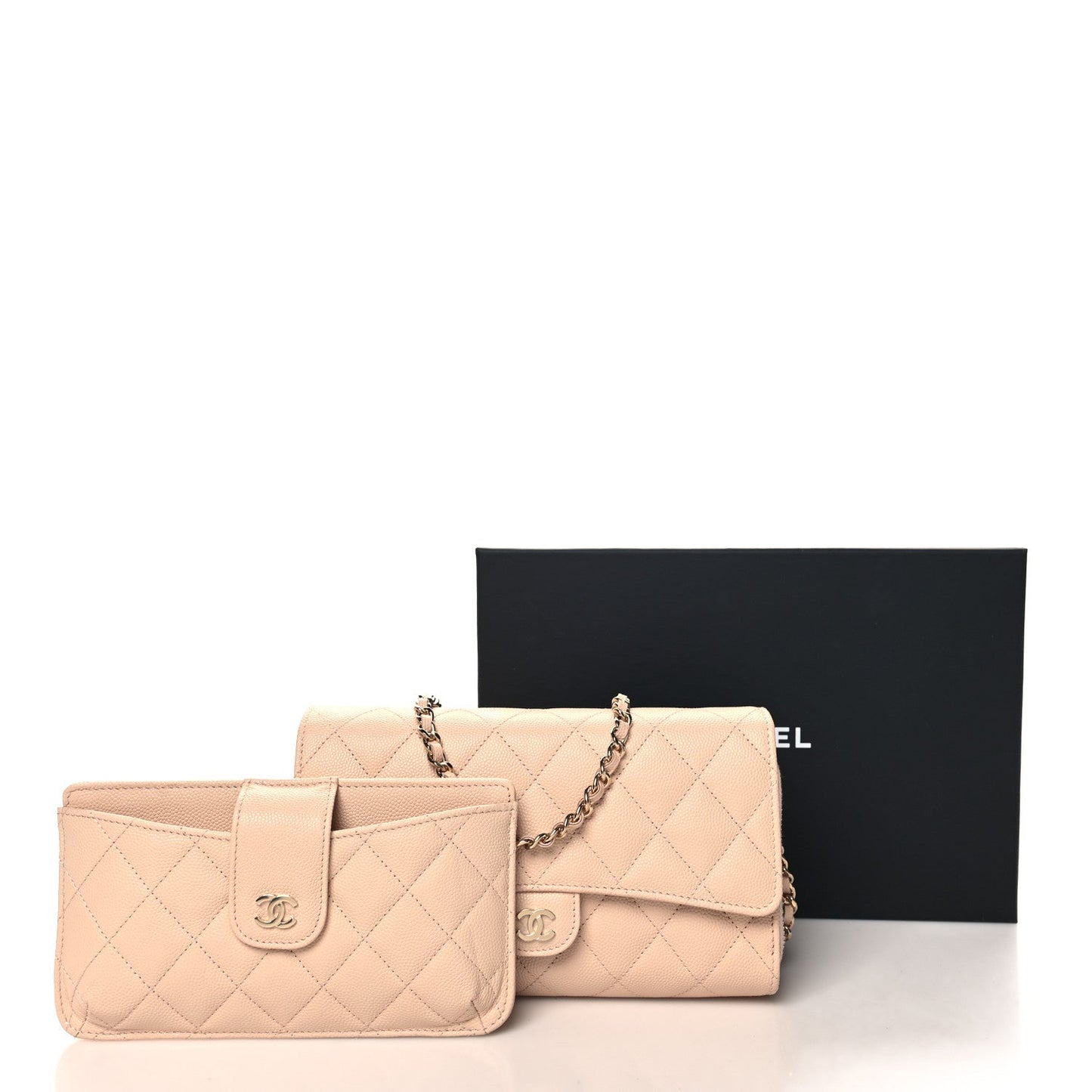 Caviar Quilted Phone Holder Wallet on Removable Chain Light Beige