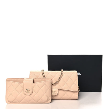 Caviar Quilted Phone Holder Wallet on Removable Chain Light Beige