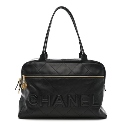 Calfskin Stitched Maxi Logo Bowling Bag Black