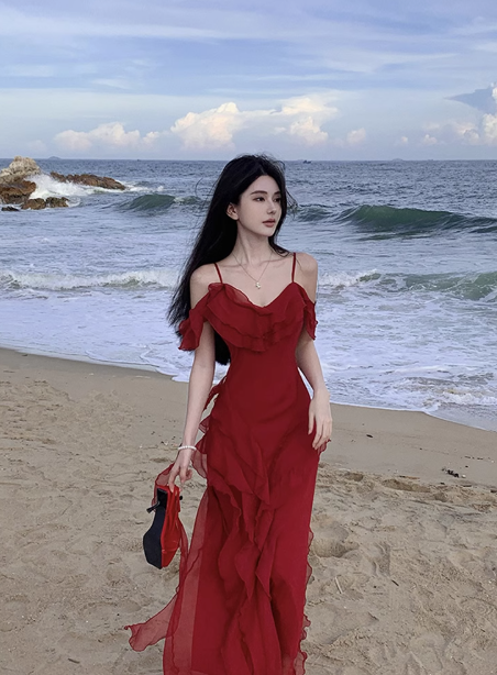 French retro beautiful red suspender dress ruffled seaside holiday dress R0230