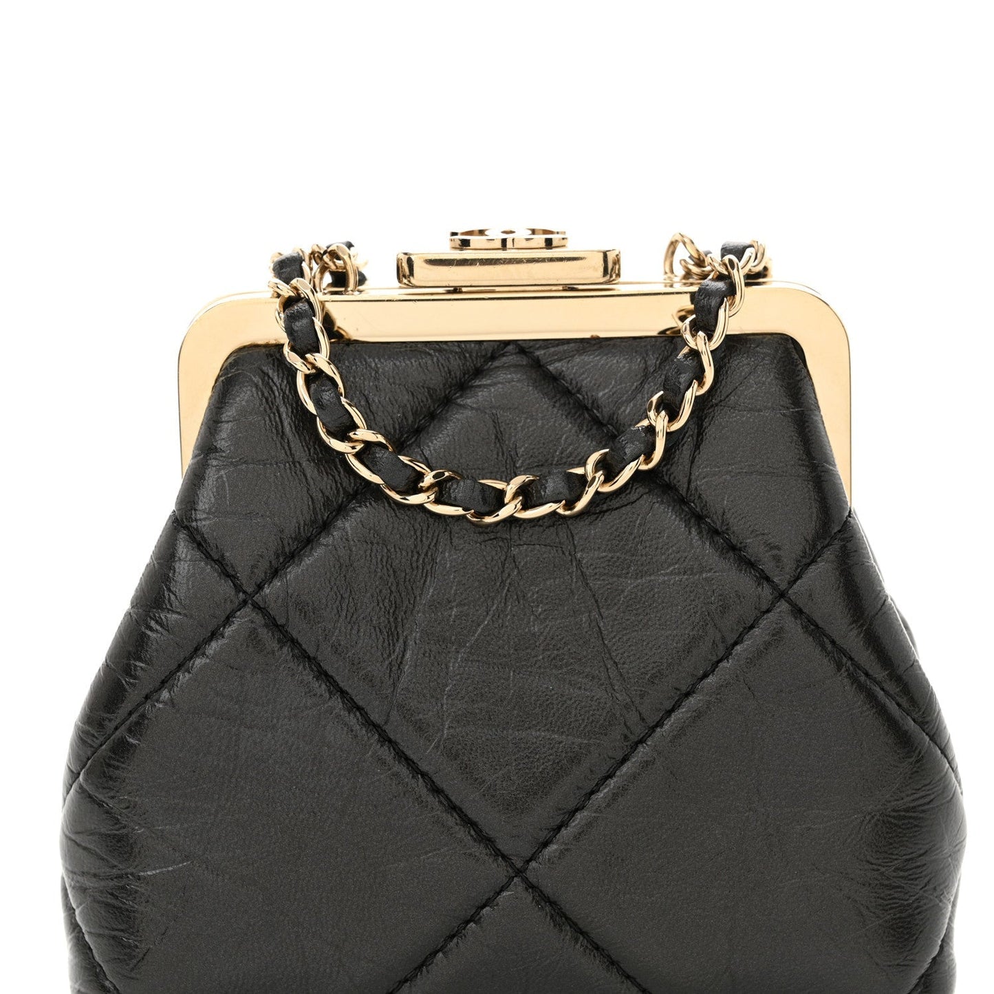 Shiny Aged Lambskin Quilted Kiss Lock Clutch With Chain Black