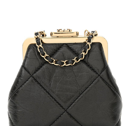Shiny Aged Lambskin Quilted Kiss Lock Clutch With Chain Black