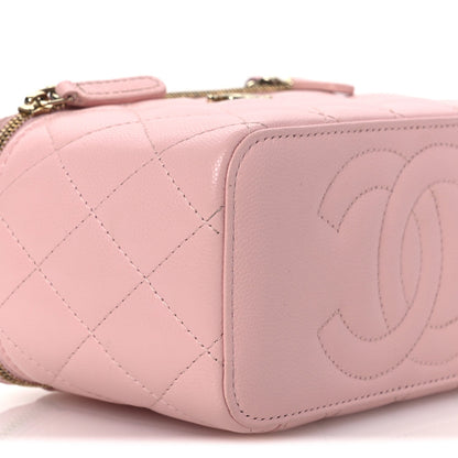 Caviar Quilted Crystal CC Logo Vanity Case With Chain Pink