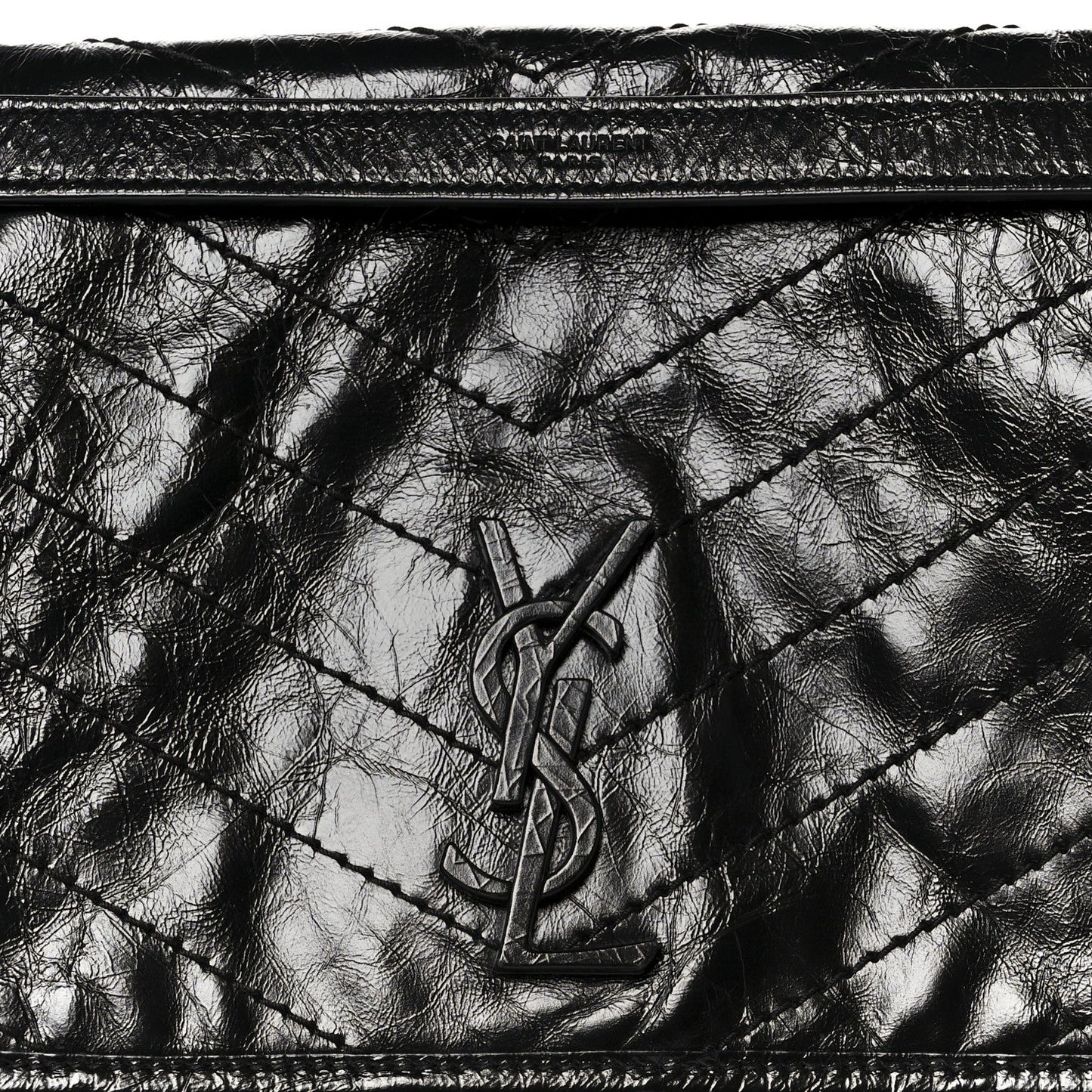 Crinkled Calfskin Matelasse Monogram Large Niki Chain Satchel Black