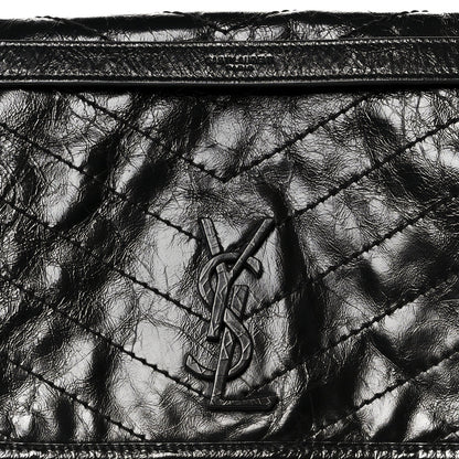 Crinkled Calfskin Matelasse Monogram Large Niki Chain Satchel Black