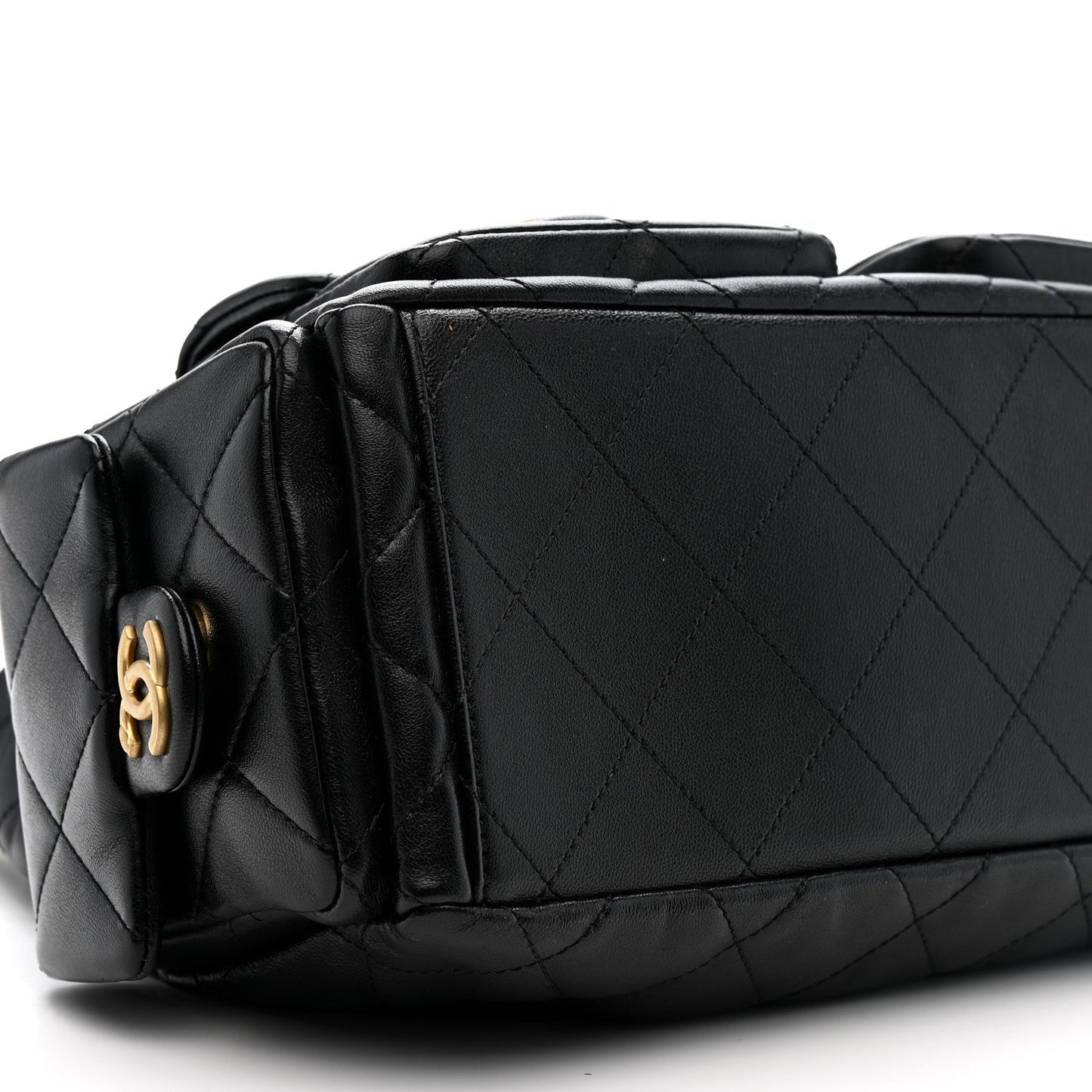 Shiny Lambskin Quilted Trendy Pockets Hobo Black