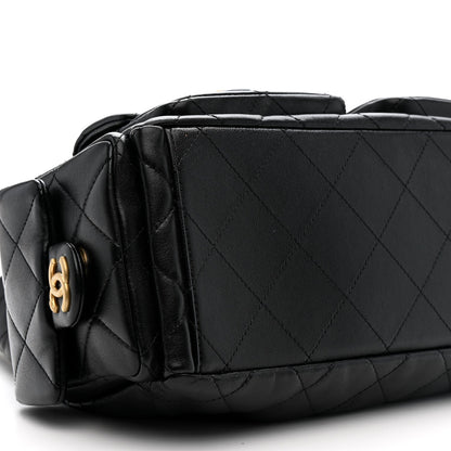 Shiny Lambskin Quilted Trendy Pockets Hobo Black