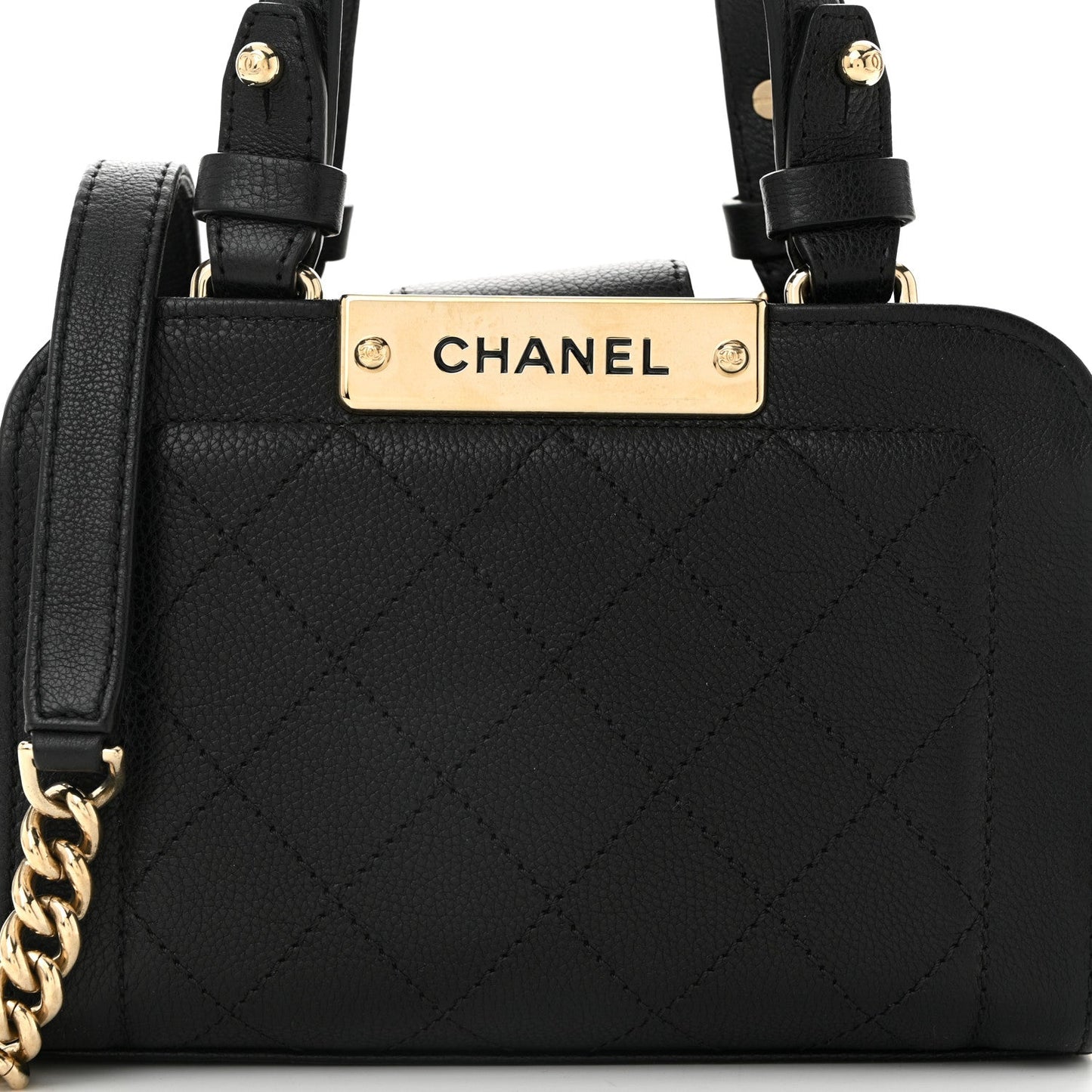 Grained Calfskin Stitched Mini Label Click Shopper Tote Black